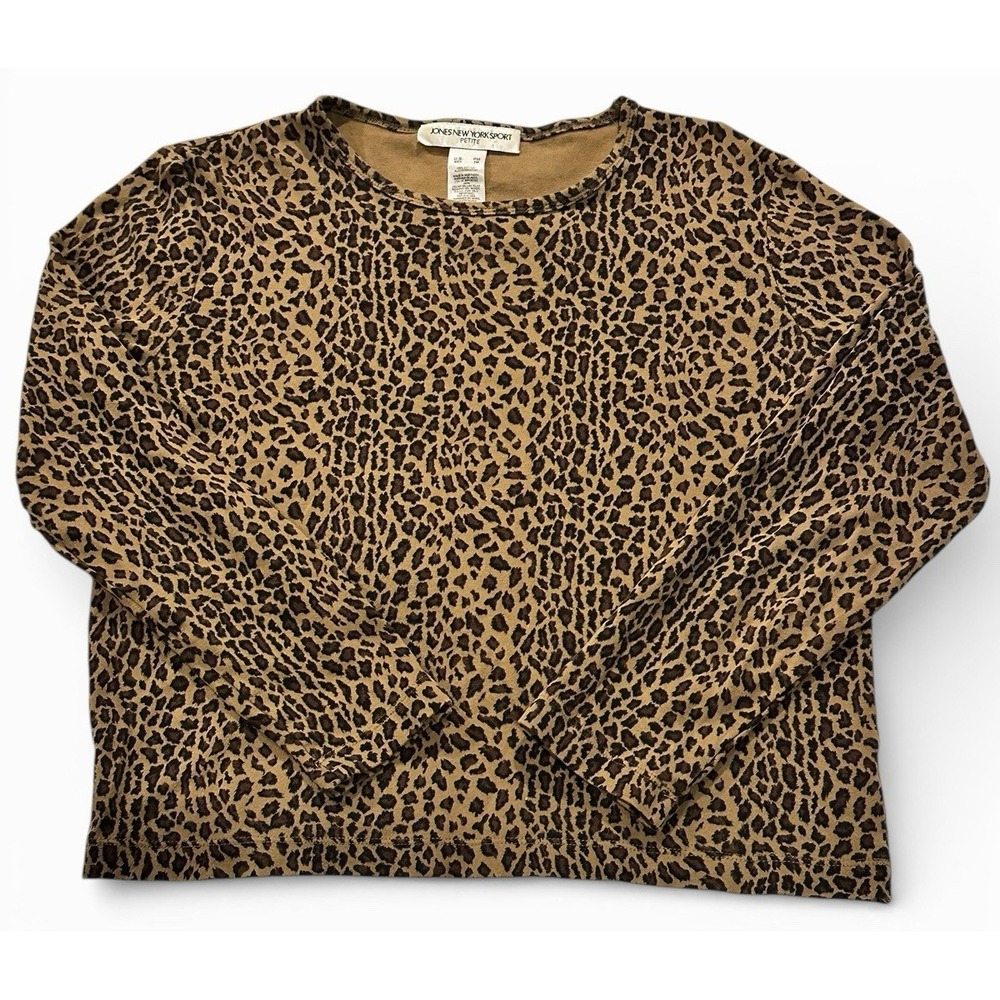 Jones New York‎ Leopard Print Knit Top Petite PM Long Sleeve Y2K